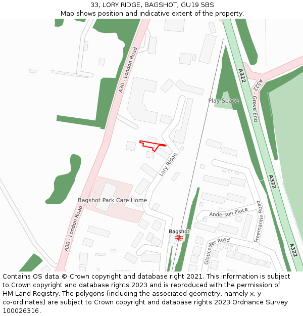 33, LORY RIDGE, BAGSHOT, GU19 5BS: Location map and indicative extent of plot