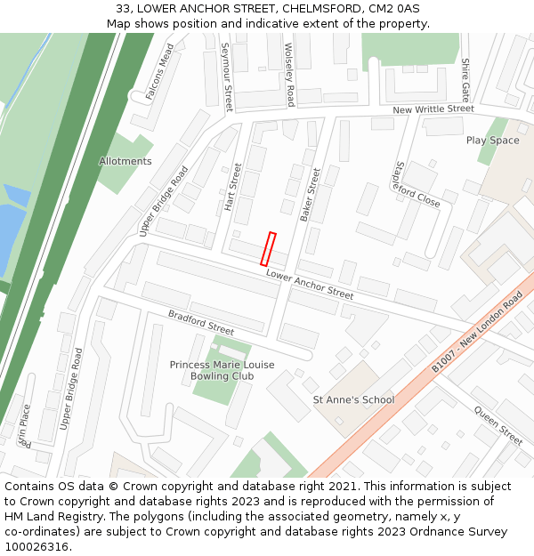 33, LOWER ANCHOR STREET, CHELMSFORD, CM2 0AS: Location map and indicative extent of plot