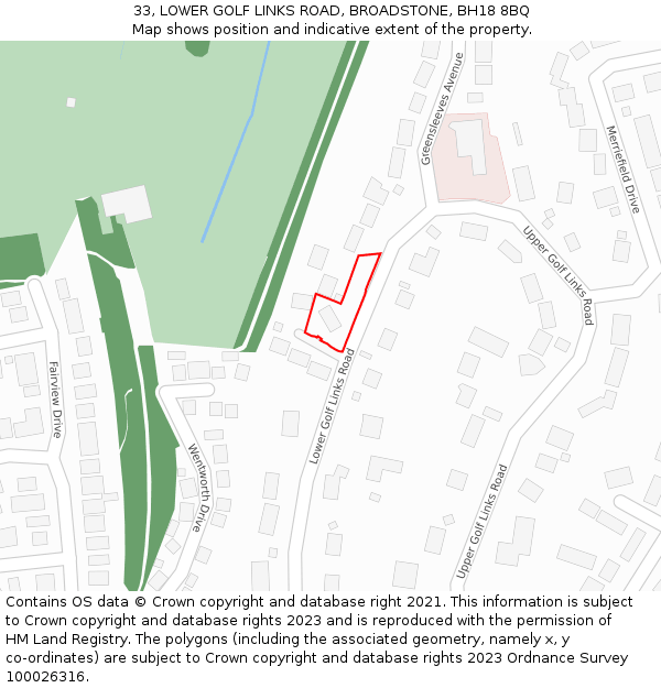 33, LOWER GOLF LINKS ROAD, BROADSTONE, BH18 8BQ: Location map and indicative extent of plot