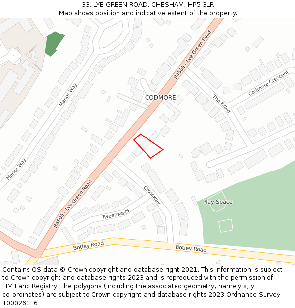 33, LYE GREEN ROAD, CHESHAM, HP5 3LR: Location map and indicative extent of plot