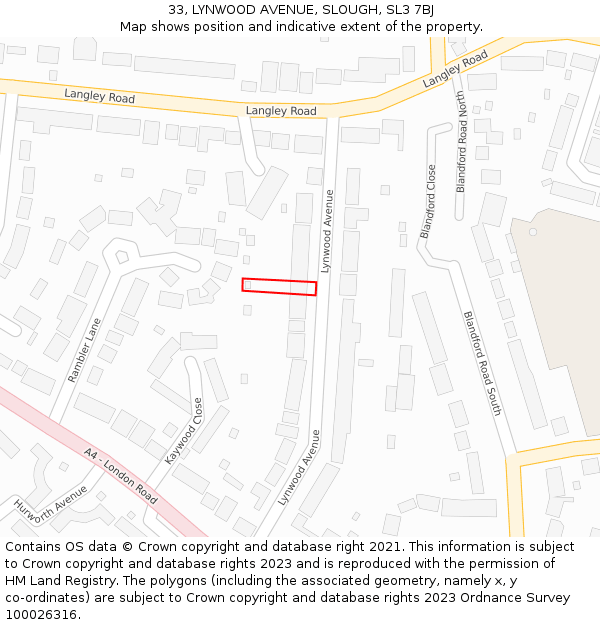 33, LYNWOOD AVENUE, SLOUGH, SL3 7BJ: Location map and indicative extent of plot