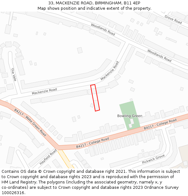 33, MACKENZIE ROAD, BIRMINGHAM, B11 4EP: Location map and indicative extent of plot