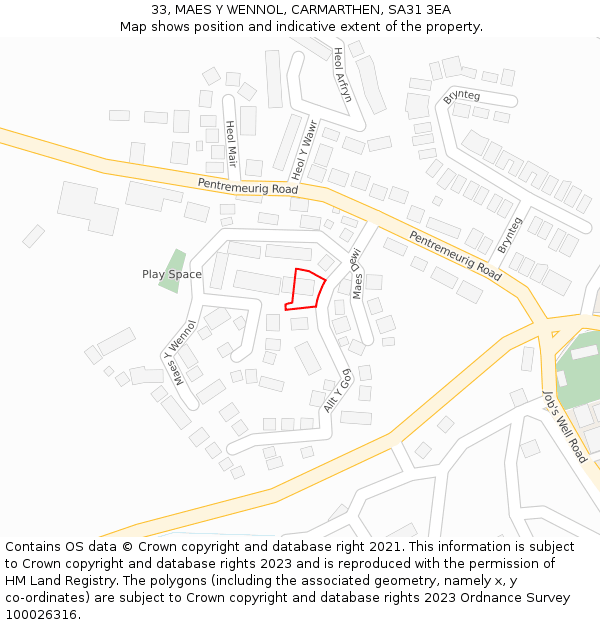 33, MAES Y WENNOL, CARMARTHEN, SA31 3EA: Location map and indicative extent of plot