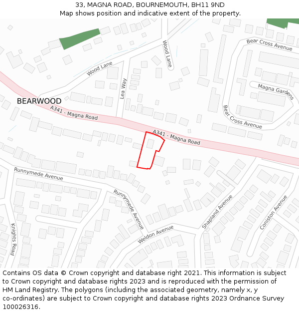 33, MAGNA ROAD, BOURNEMOUTH, BH11 9ND: Location map and indicative extent of plot