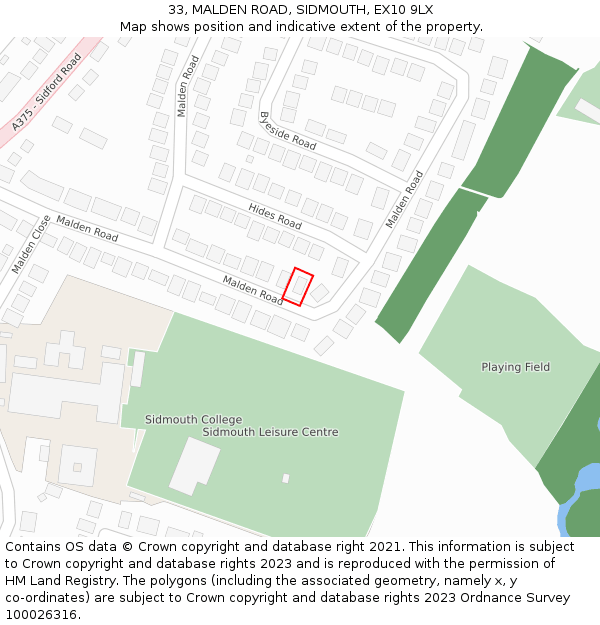 33, MALDEN ROAD, SIDMOUTH, EX10 9LX: Location map and indicative extent of plot