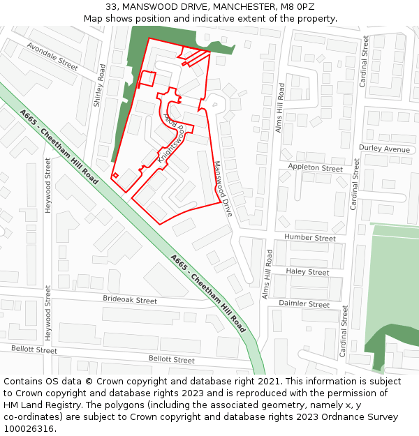 33, MANSWOOD DRIVE, MANCHESTER, M8 0PZ: Location map and indicative extent of plot