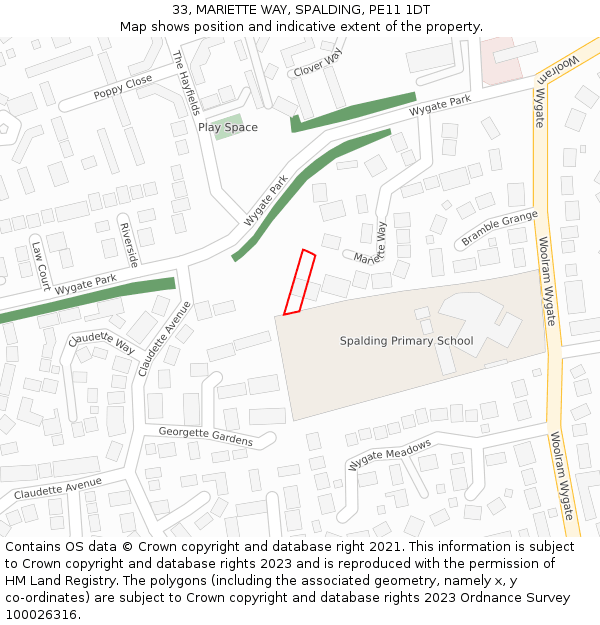 33, MARIETTE WAY, SPALDING, PE11 1DT: Location map and indicative extent of plot