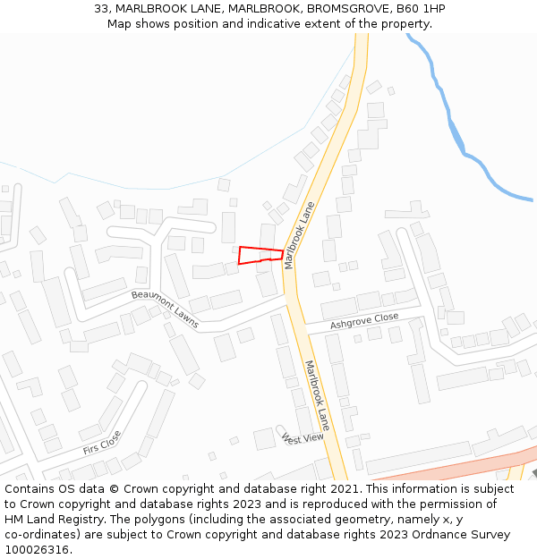 33, MARLBROOK LANE, MARLBROOK, BROMSGROVE, B60 1HP: Location map and indicative extent of plot