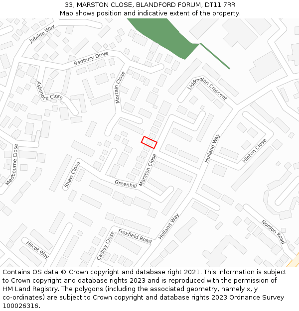 33, MARSTON CLOSE, BLANDFORD FORUM, DT11 7RR: Location map and indicative extent of plot