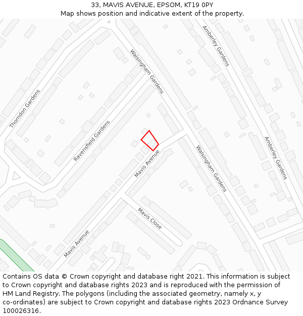 33, MAVIS AVENUE, EPSOM, KT19 0PY: Location map and indicative extent of plot