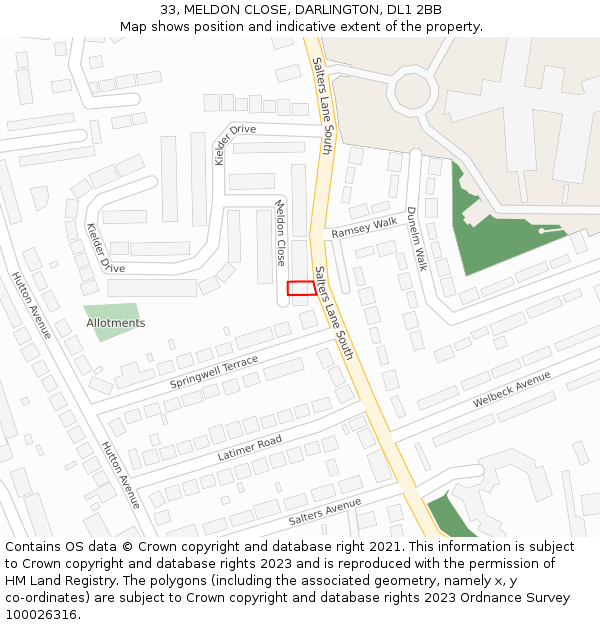 33, MELDON CLOSE, DARLINGTON, DL1 2BB: Location map and indicative extent of plot