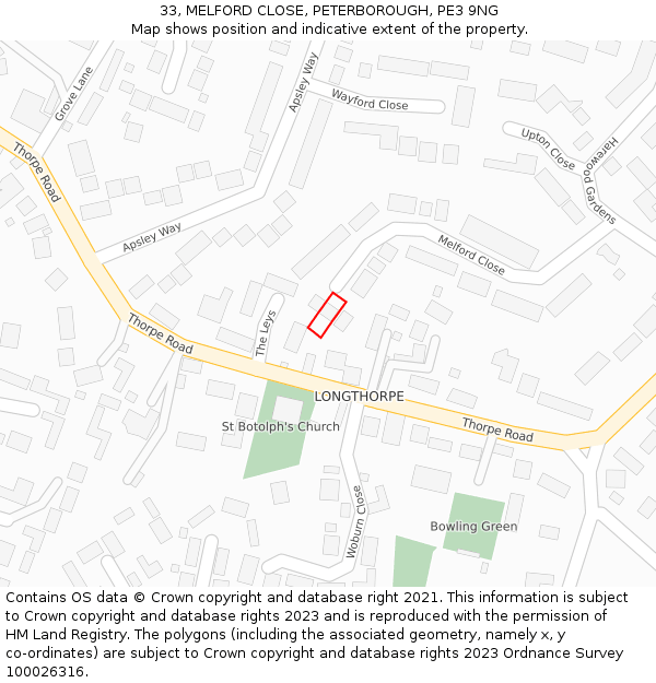 33, MELFORD CLOSE, PETERBOROUGH, PE3 9NG: Location map and indicative extent of plot