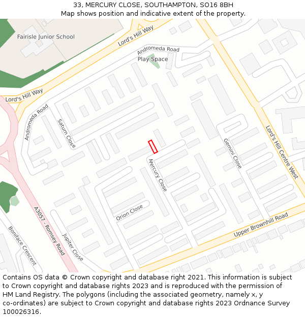 33, MERCURY CLOSE, SOUTHAMPTON, SO16 8BH: Location map and indicative extent of plot