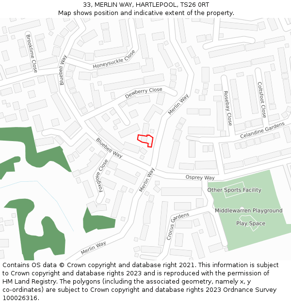 33, MERLIN WAY, HARTLEPOOL, TS26 0RT: Location map and indicative extent of plot