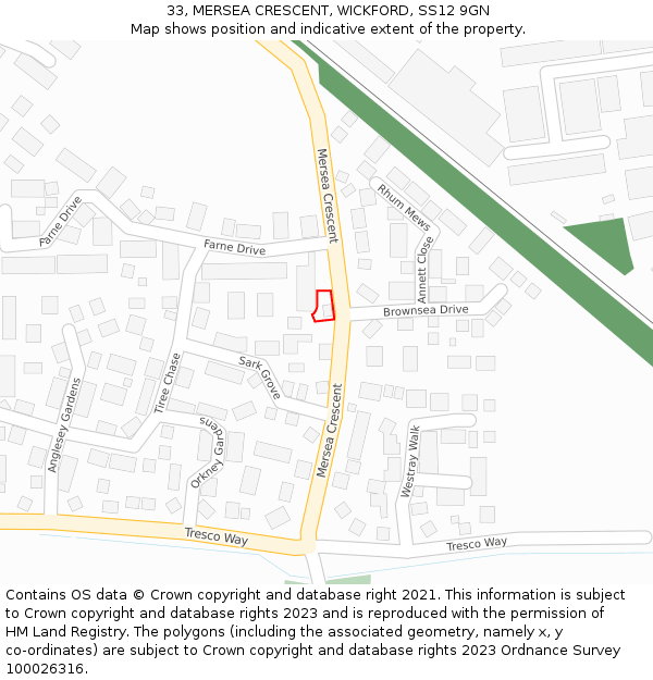 33, MERSEA CRESCENT, WICKFORD, SS12 9GN: Location map and indicative extent of plot