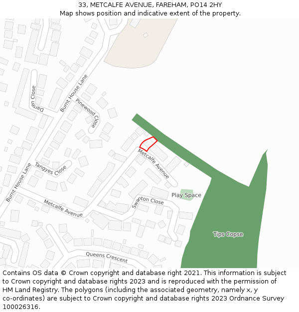 33, METCALFE AVENUE, FAREHAM, PO14 2HY: Location map and indicative extent of plot