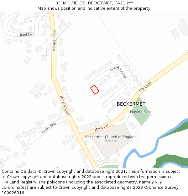 33, MILLFIELDS, BECKERMET, CA21 2YY: Location map and indicative extent of plot