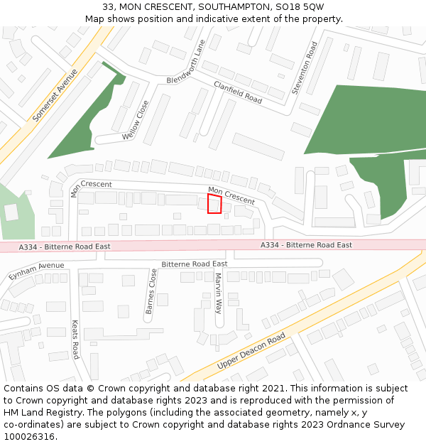 33, MON CRESCENT, SOUTHAMPTON, SO18 5QW: Location map and indicative extent of plot