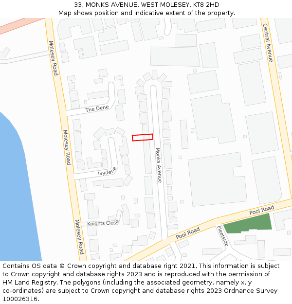 33, MONKS AVENUE, WEST MOLESEY, KT8 2HD: Location map and indicative extent of plot