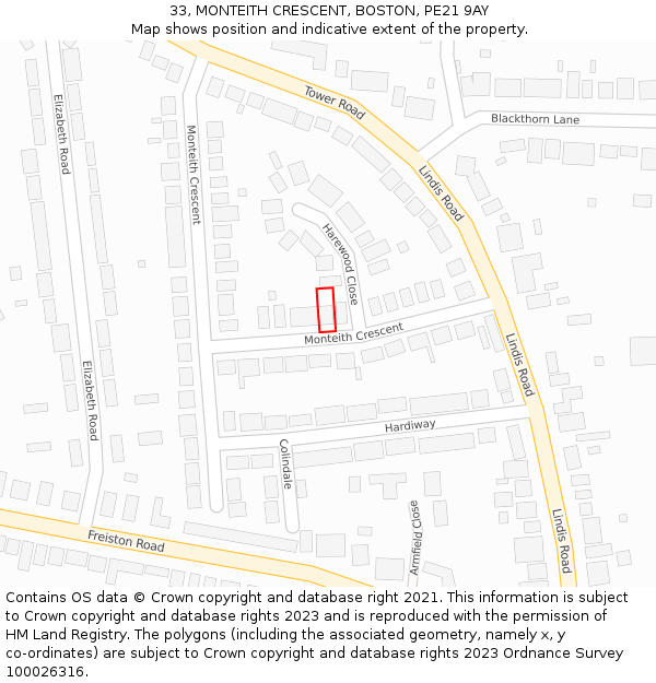 33, MONTEITH CRESCENT, BOSTON, PE21 9AY: Location map and indicative extent of plot