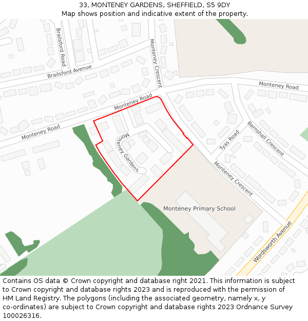33, MONTENEY GARDENS, SHEFFIELD, S5 9DY: Location map and indicative extent of plot
