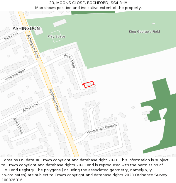 33, MOONS CLOSE, ROCHFORD, SS4 3HA: Location map and indicative extent of plot