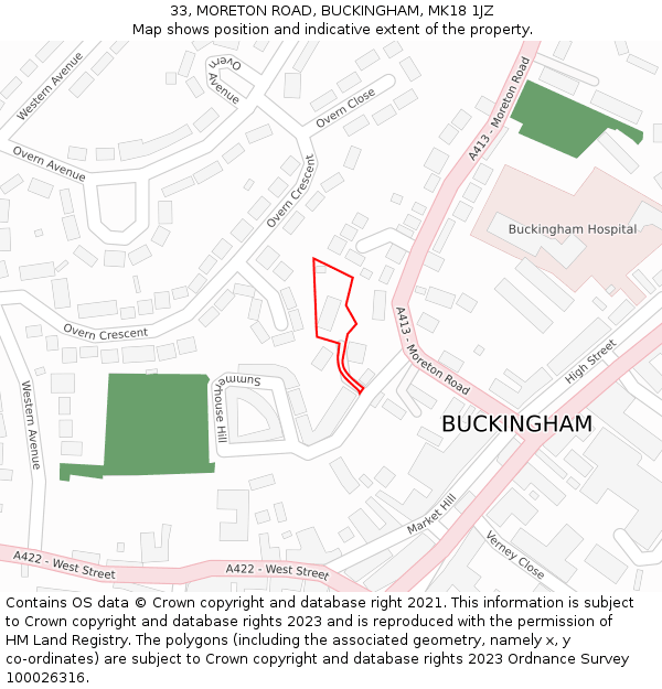 33, MORETON ROAD, BUCKINGHAM, MK18 1JZ: Location map and indicative extent of plot