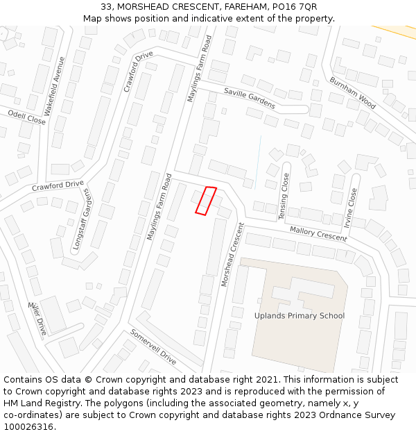 33, MORSHEAD CRESCENT, FAREHAM, PO16 7QR: Location map and indicative extent of plot