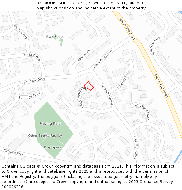 33, MOUNTSFIELD CLOSE, NEWPORT PAGNELL, MK16 0JE: Location map and indicative extent of plot