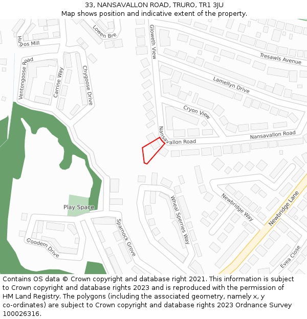 33, NANSAVALLON ROAD, TRURO, TR1 3JU: Location map and indicative extent of plot