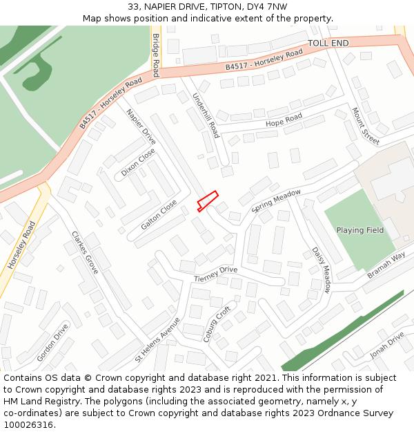 33, NAPIER DRIVE, TIPTON, DY4 7NW: Location map and indicative extent of plot