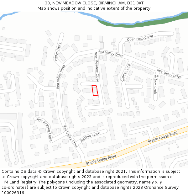 33, NEW MEADOW CLOSE, BIRMINGHAM, B31 3XT: Location map and indicative extent of plot