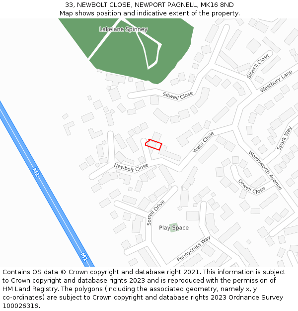 33, NEWBOLT CLOSE, NEWPORT PAGNELL, MK16 8ND: Location map and indicative extent of plot