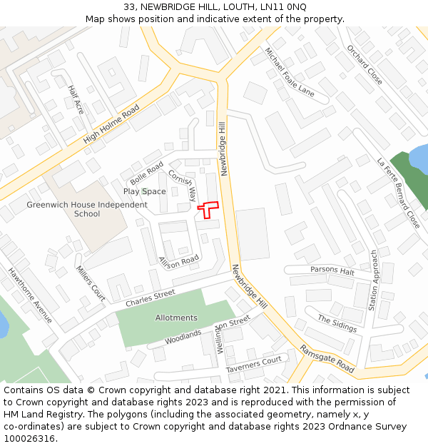 33, NEWBRIDGE HILL, LOUTH, LN11 0NQ: Location map and indicative extent of plot