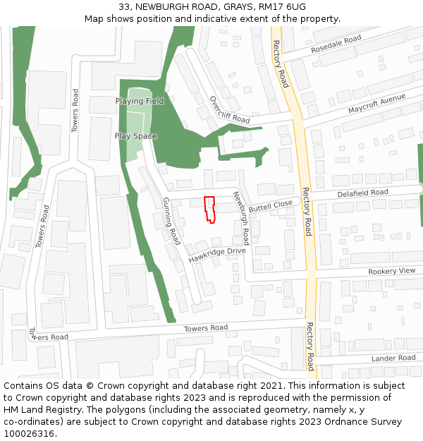 33, NEWBURGH ROAD, GRAYS, RM17 6UG: Location map and indicative extent of plot