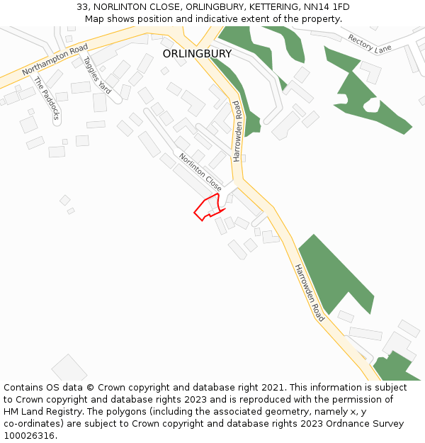 33, NORLINTON CLOSE, ORLINGBURY, KETTERING, NN14 1FD: Location map and indicative extent of plot