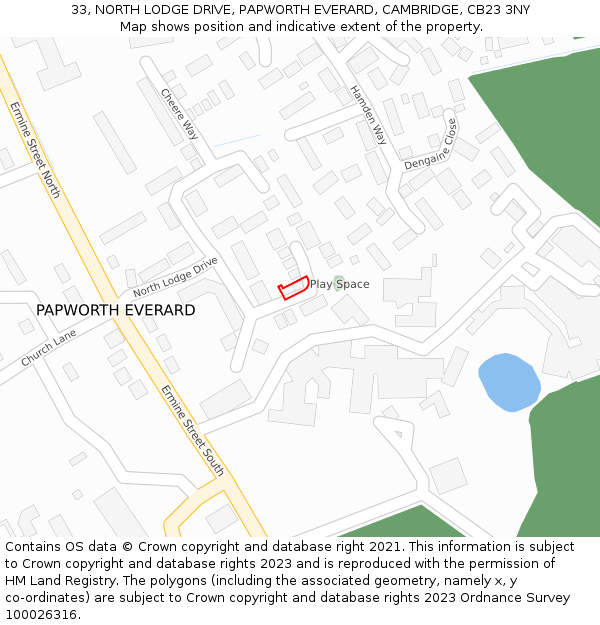 33, NORTH LODGE DRIVE, PAPWORTH EVERARD, CAMBRIDGE, CB23 3NY: Location map and indicative extent of plot