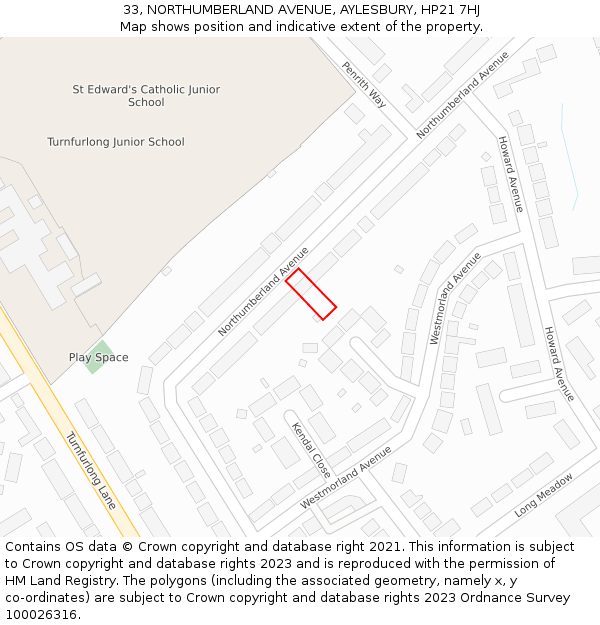 33, NORTHUMBERLAND AVENUE, AYLESBURY, HP21 7HJ: Location map and indicative extent of plot