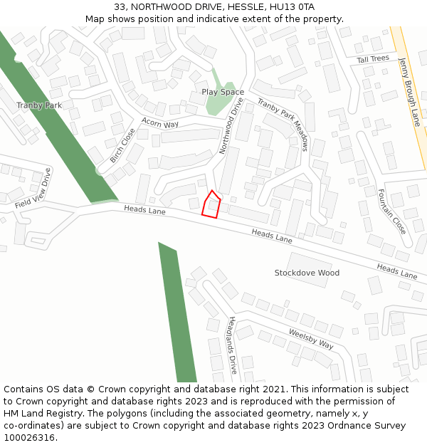 33, NORTHWOOD DRIVE, HESSLE, HU13 0TA: Location map and indicative extent of plot