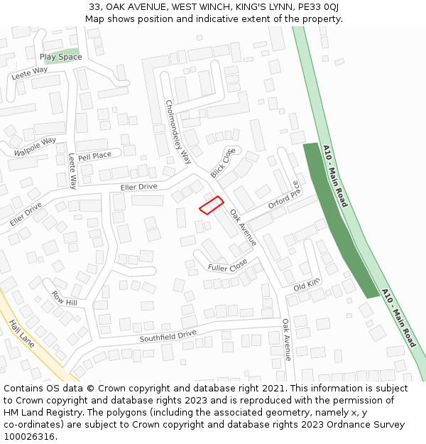 33, OAK AVENUE, WEST WINCH, KING'S LYNN, PE33 0QJ: Location map and indicative extent of plot