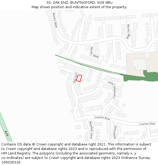 33, OAK END, BUNTINGFORD, SG9 9BU: Location map and indicative extent of plot