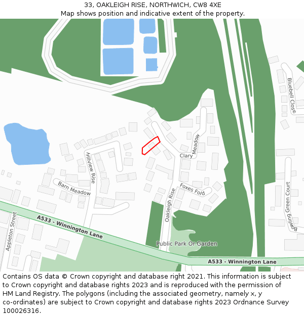 33, OAKLEIGH RISE, NORTHWICH, CW8 4XE: Location map and indicative extent of plot