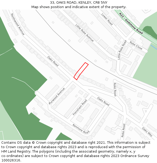 33, OAKS ROAD, KENLEY, CR8 5NY: Location map and indicative extent of plot