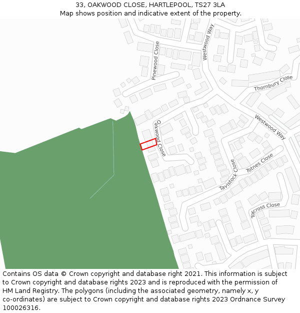 33, OAKWOOD CLOSE, HARTLEPOOL, TS27 3LA: Location map and indicative extent of plot