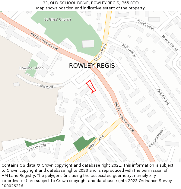 33, OLD SCHOOL DRIVE, ROWLEY REGIS, B65 8DD: Location map and indicative extent of plot