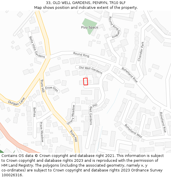 33, OLD WELL GARDENS, PENRYN, TR10 9LF: Location map and indicative extent of plot