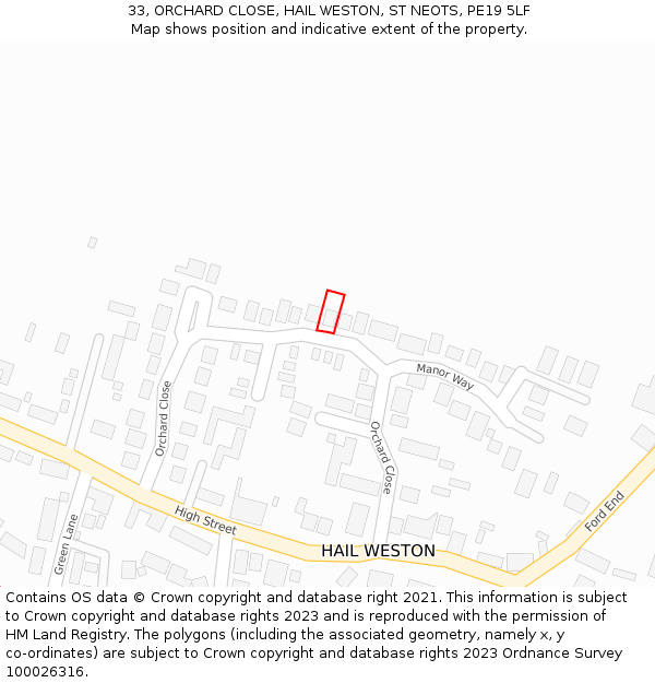 33, ORCHARD CLOSE, HAIL WESTON, ST NEOTS, PE19 5LF: Location map and indicative extent of plot