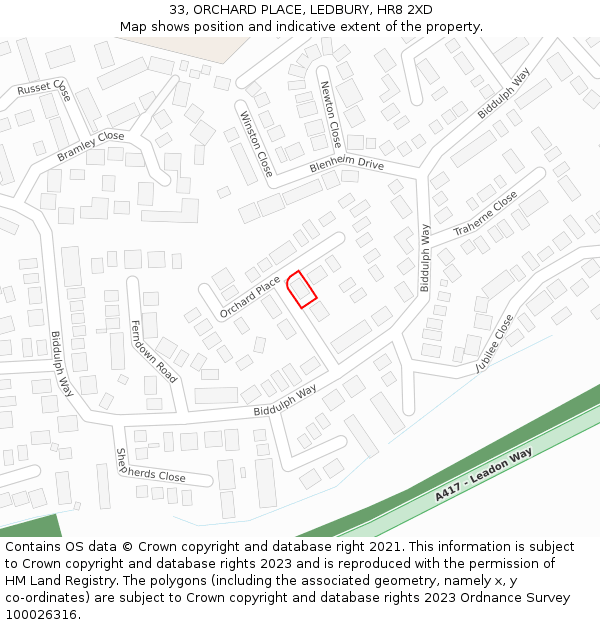 33, ORCHARD PLACE, LEDBURY, HR8 2XD: Location map and indicative extent of plot