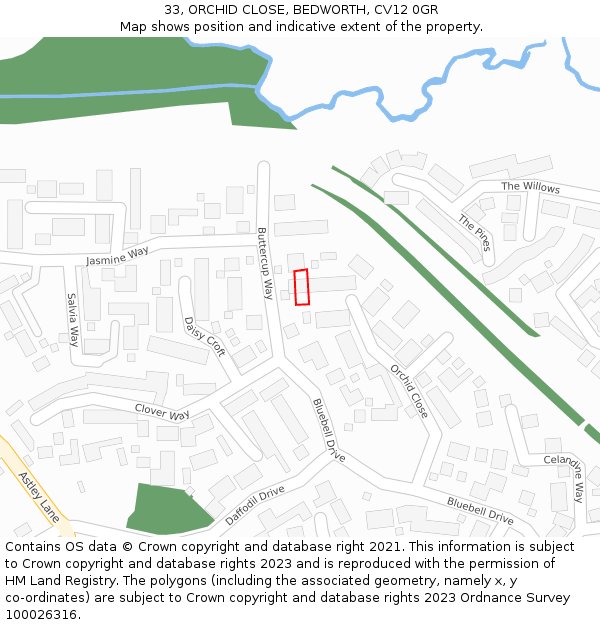 33, ORCHID CLOSE, BEDWORTH, CV12 0GR: Location map and indicative extent of plot