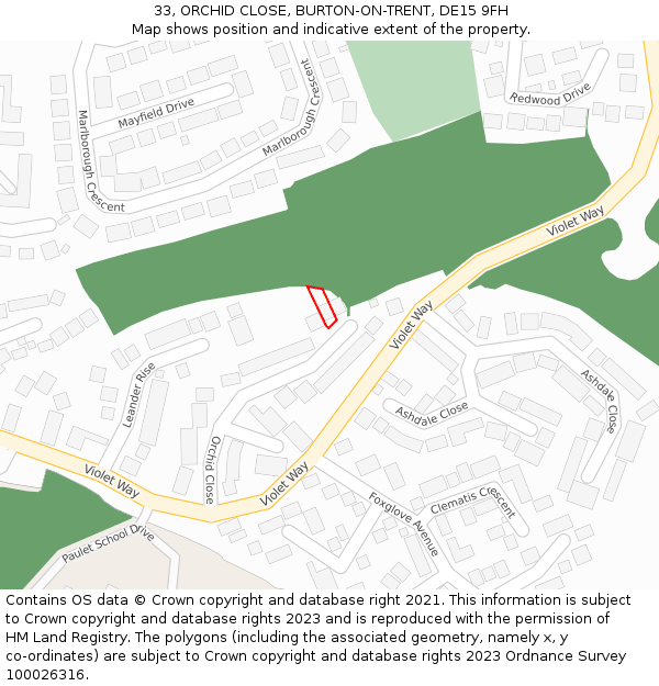 33, ORCHID CLOSE, BURTON-ON-TRENT, DE15 9FH: Location map and indicative extent of plot